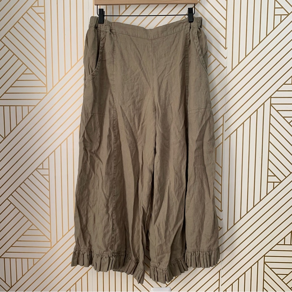 Heart’s Desire by Mary Grace Garbo Lagenlook Wide Leg Ruffle Bottom Linen Pant L - Picture 9 of 9